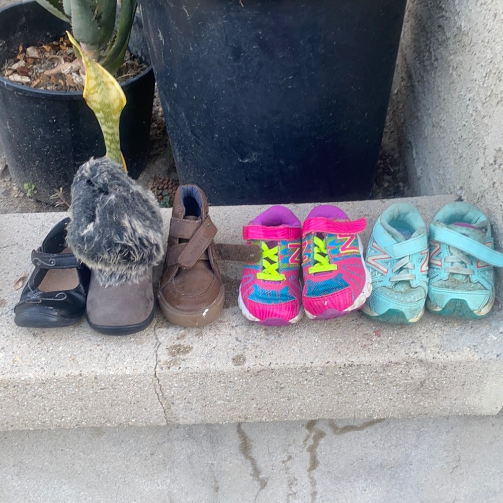 toddler shoes bundle: New Balance=5T, unmatched brown & baby doll=6T, boot=7T